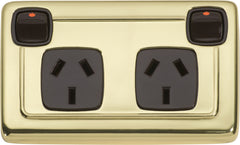Flat Plate 2 Gang Rocker Switches with Double Socket Polished Brass