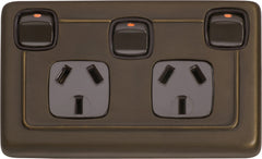 Flat Plate Rocker 3 Gang Switches with Double Socket Antique Brass