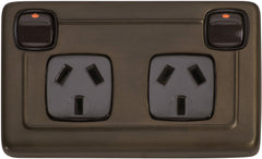 Flat Plate 2 Gang Rocker Switches with Double Socket Antique Brass
