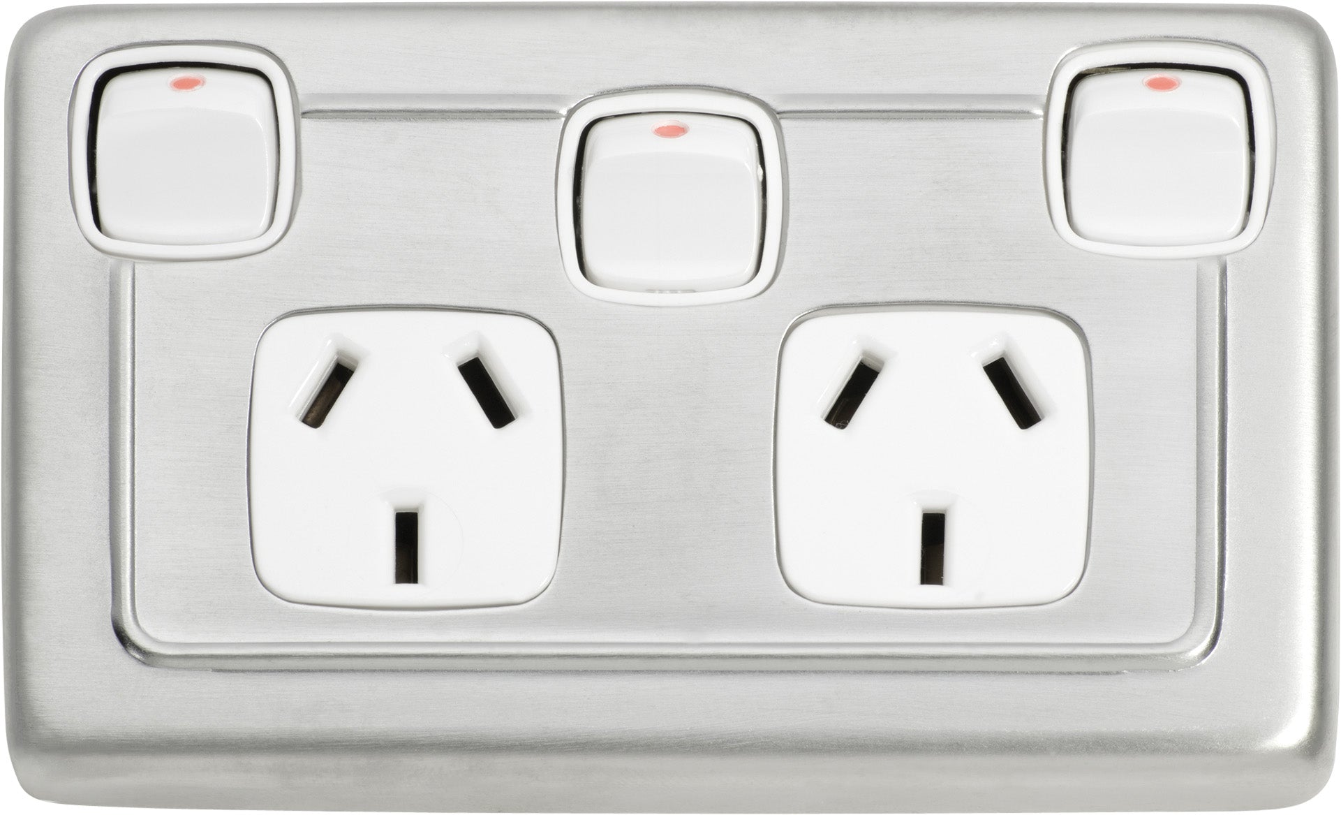 Flat Plate Rocker 3 Gang Switches with Double Socket Satin Chrome