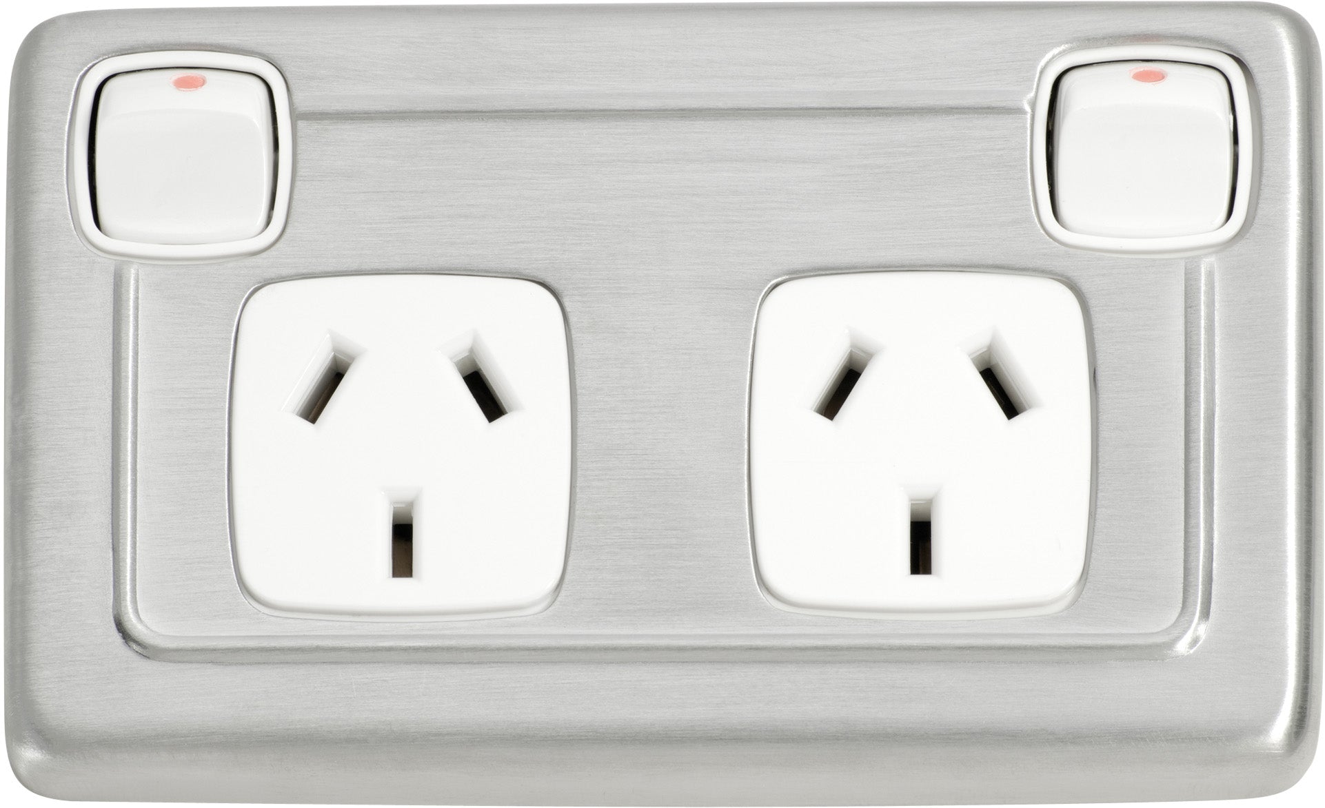 Flat Plate 2 Gang Rocker Switches with Double Socket Satin Chrome