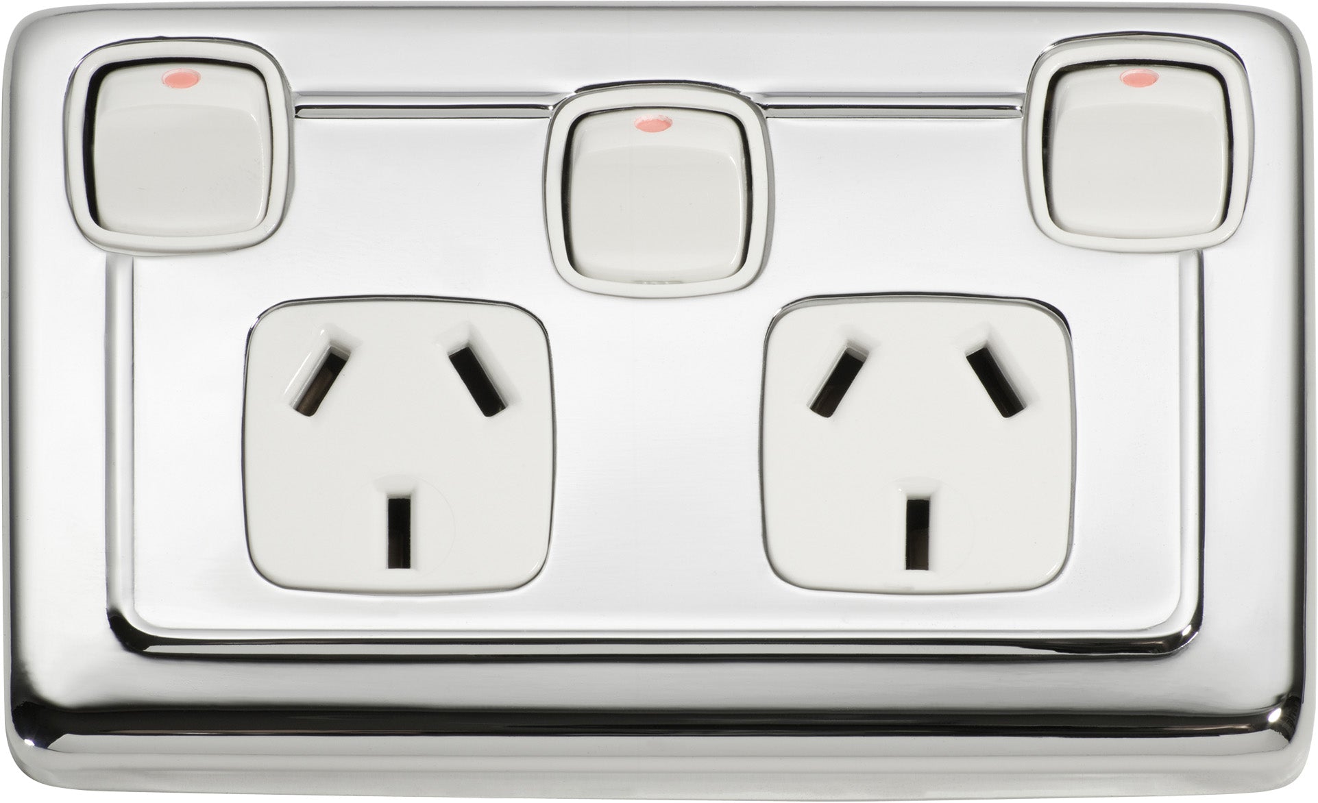 Flat Plate Rocker 3 Gang Switches with Double Socket Chrome Plated