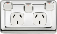 Flat Plate Rocker 3 Gang Switches with Double Socket Chrome Plated