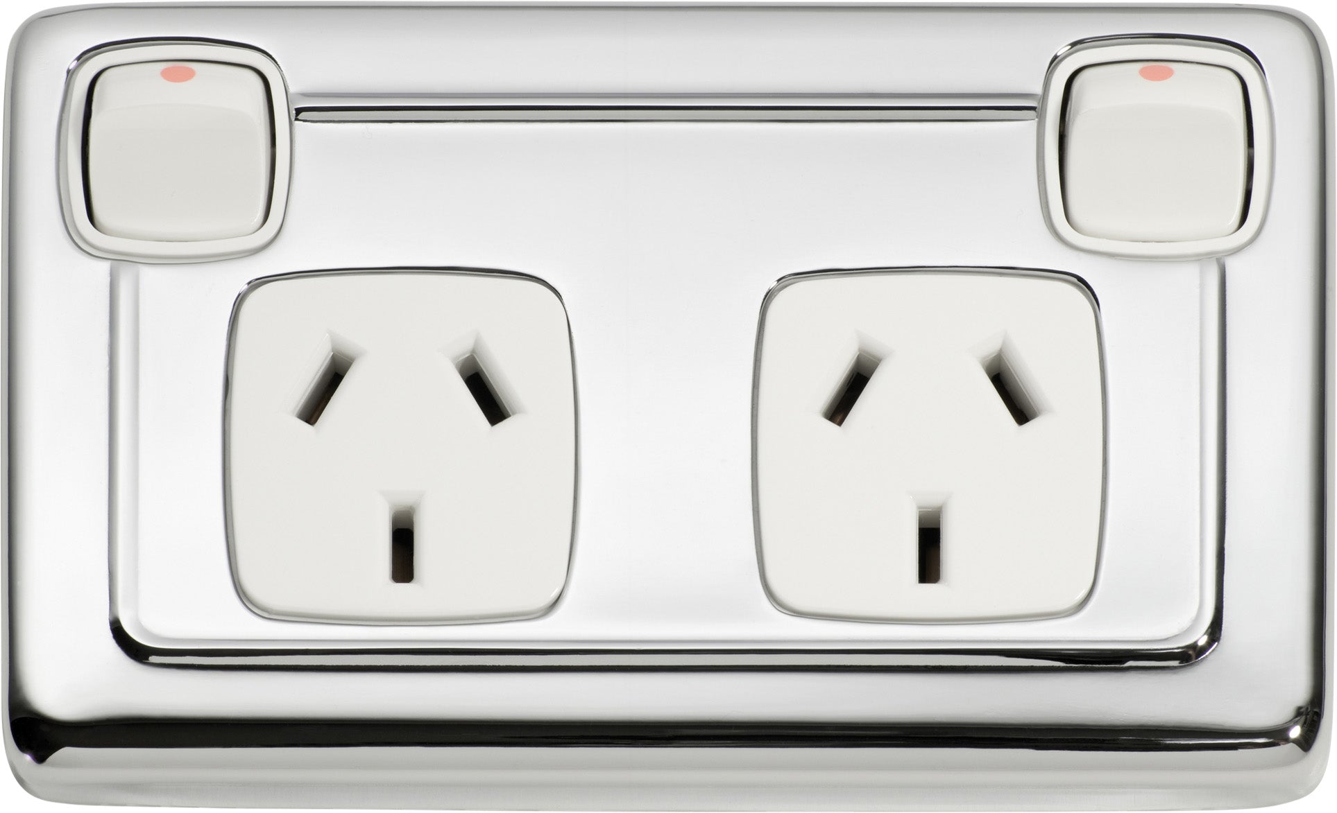 Flat Plate 2 Gang Rocker Switches with Double Socket Chrome Plated