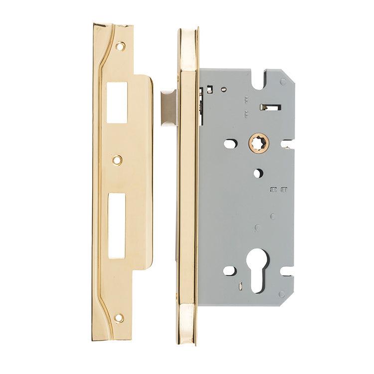 Rebated 85mm Euro Mortice Locks - 60mm Backset Polished Brass / Steel & Sheet Brass