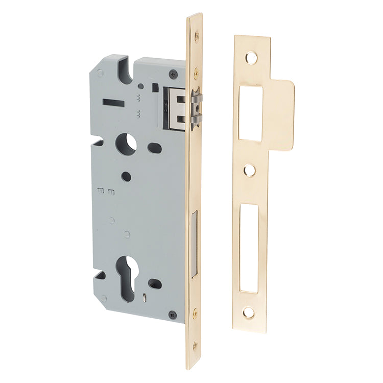 Mortice 85mm Euro Roller Lock - 45mm Backset Polished Brass / Steel & Sheet Brass