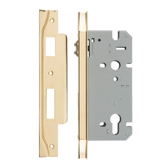 Rebated 85mm Euro Roller Mortice Locks - 60mm Backset Polished Brass / Steel & Sheet Brass