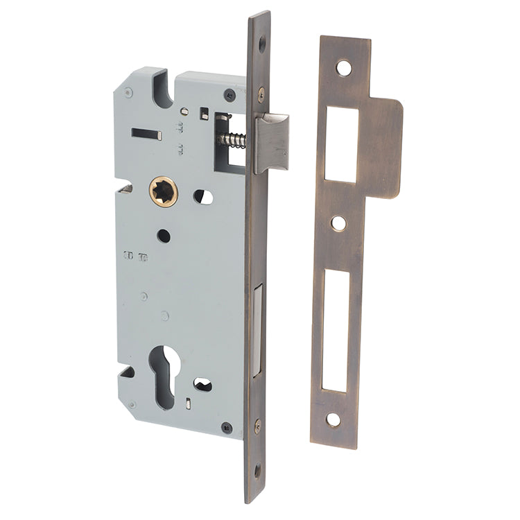 Mortice 85mm Euro Locks - 45mm Backset Antique Brass / Steel & Sheet Brass