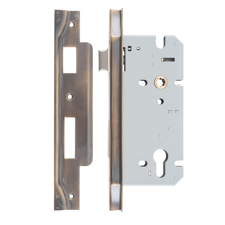 Rebated 85mm Euro Mortice Locks - 60mm Backset Antique Brass / Steel & Sheet Brass