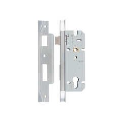 Rebated 85mm Euro Mortice Locks - 45mm Backset Satin Chrome / Steel & Sheet Brass