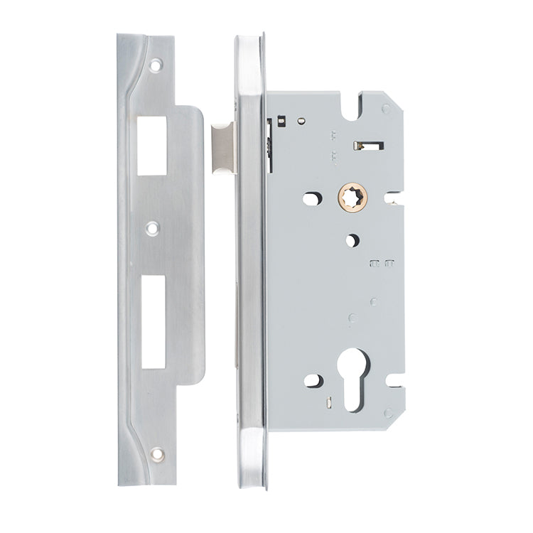 Rebated 85mm Euro Mortice Locks - 60mm Backset Satin Chrome / Steel & Sheet Brass