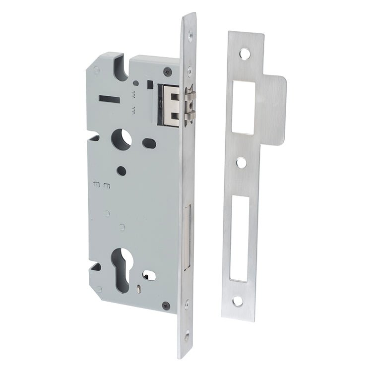 Mortice 85mm Euro Roller Lock - 45mm Backset Satin Chrome / Steel & Sheet Brass