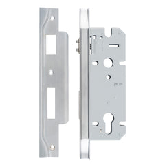 Rebated 85mm Euro Roller Mortice Locks - 45mm Backset Satin Chrome / Steel & Sheet Brass