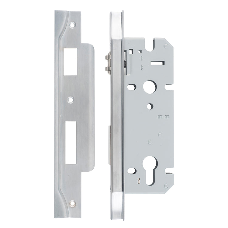 Rebated 85mm Euro Roller Mortice Locks - 45mm Backset Satin Chrome / Steel & Sheet Brass