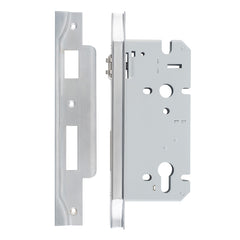 Rebated 85mm Euro Roller Mortice Locks - 60mm Backset Satin Chrome / Steel & Sheet Brass