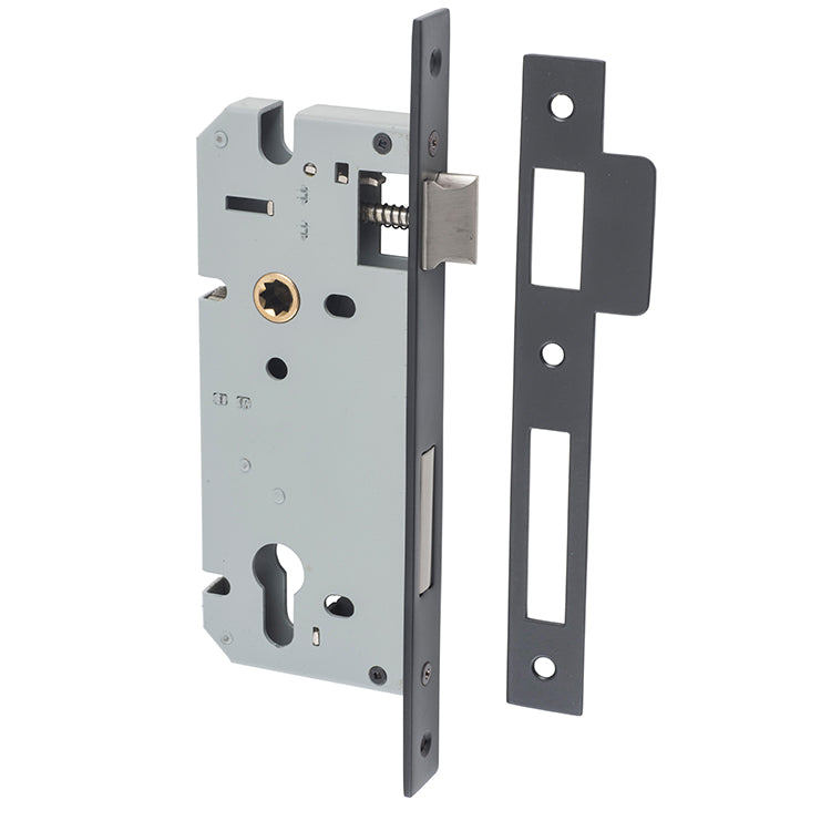 Mortice 85mm Euro Locks - 45mm Backset Matt Black / Steel & Sheet Brass