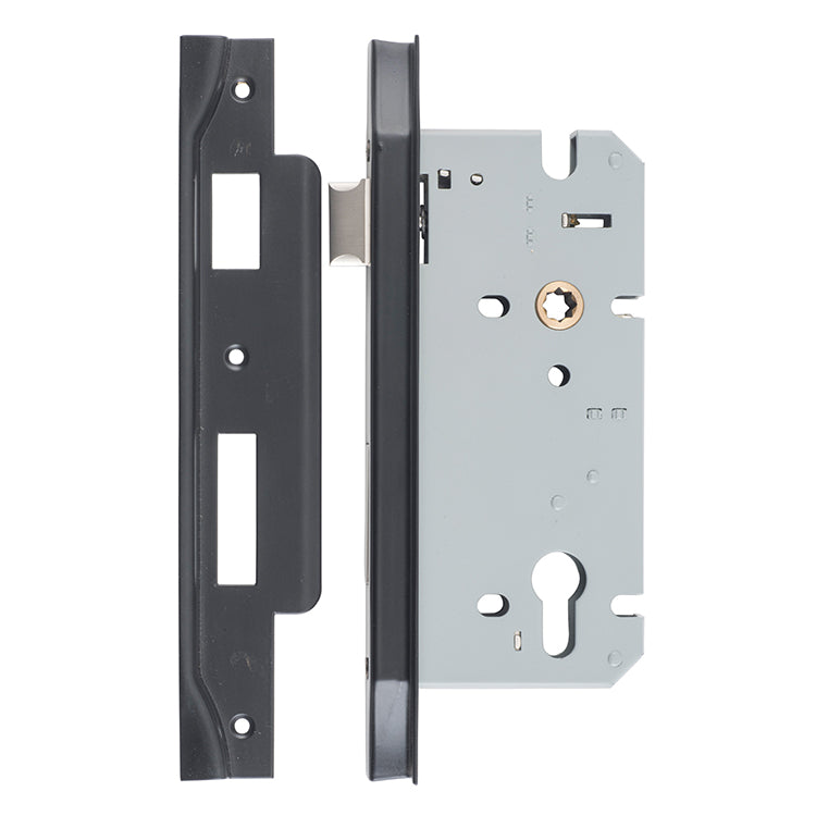 Rebated 85mm Euro Mortice Locks - 60mm Backset Matt Black / Steel & Sheet Brass
