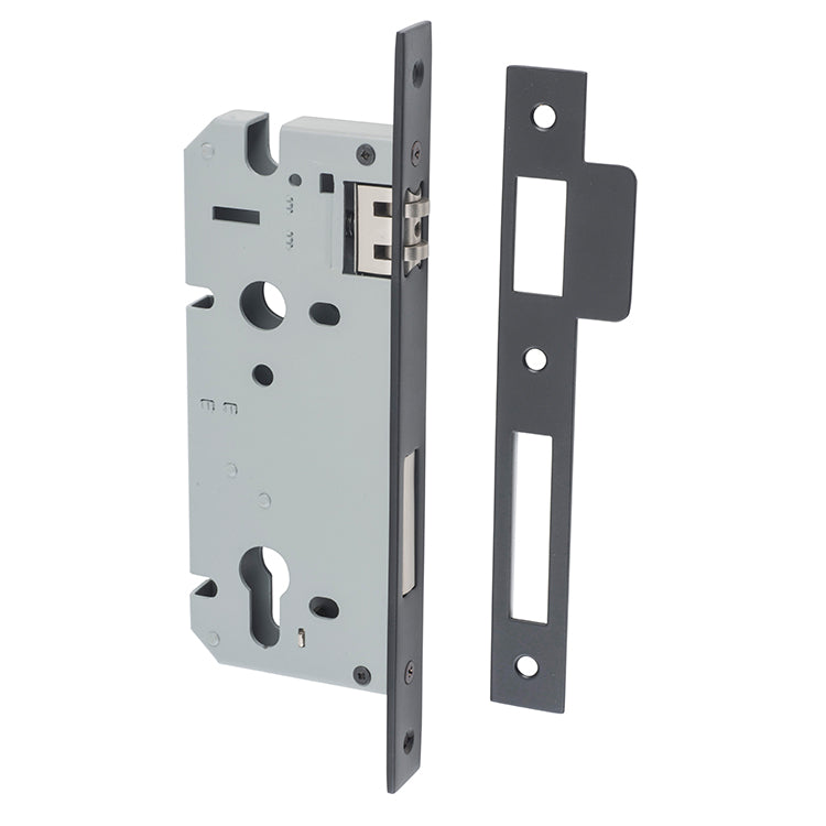Mortice 85mm Euro Roller Lock - 45mm Backset Matt Black / Steel & Sheet Brass