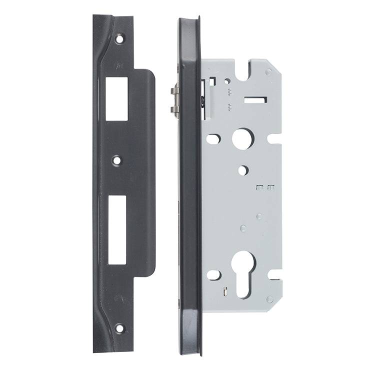 Rebated 85mm Euro Roller Mortice Locks - 45mm Backset Matt Black / Steel & Sheet Brass