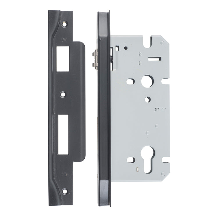 Rebated 85mm Euro Roller Mortice Locks - 60mm Backset Matt Black / Steel & Sheet Brass