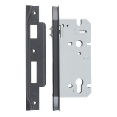 Rebated 85mm Euro Roller Mortice Locks - 60mm Backset Matt Black / Steel & Sheet Brass