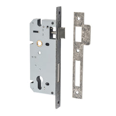 Mortice 85mm Euro Locks - 45mm Backset Rumbled Nickel / Steel & Sheet Brass