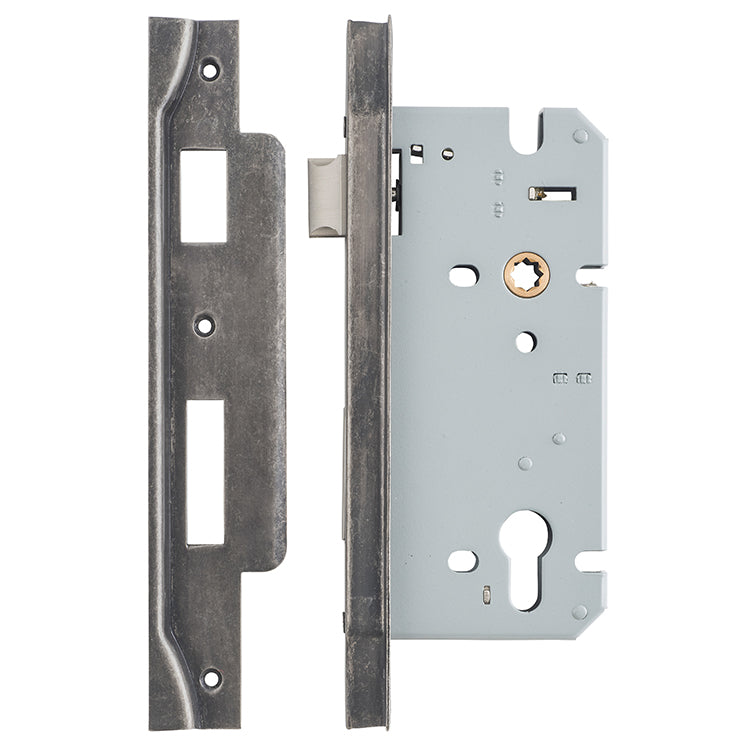 Rebated 85mm Euro Mortice Locks - 60mm Backset Rumbled Nickel / Steel & Sheet Brass