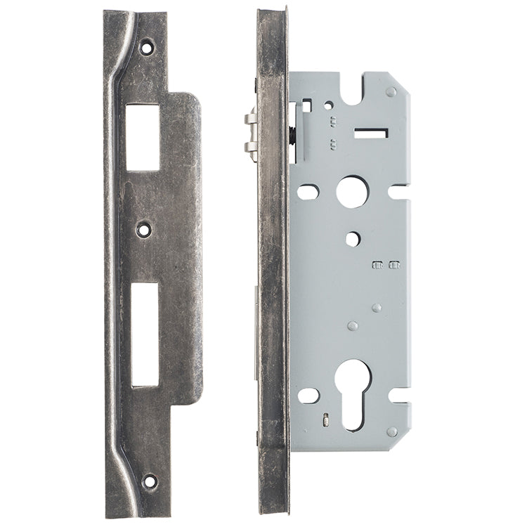 Rebated 85mm Euro Roller Mortice Locks - 45mm Backset Rumbled Nickel / Steel & Sheet Brass