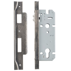 Rebated 85mm Euro Roller Mortice Locks - 45mm Backset Rumbled Nickel / Steel & Sheet Brass
