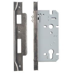 Rebated 85mm Euro Roller Mortice Locks - 60mm Backset Rumbled Nickel / Steel & Sheet Brass