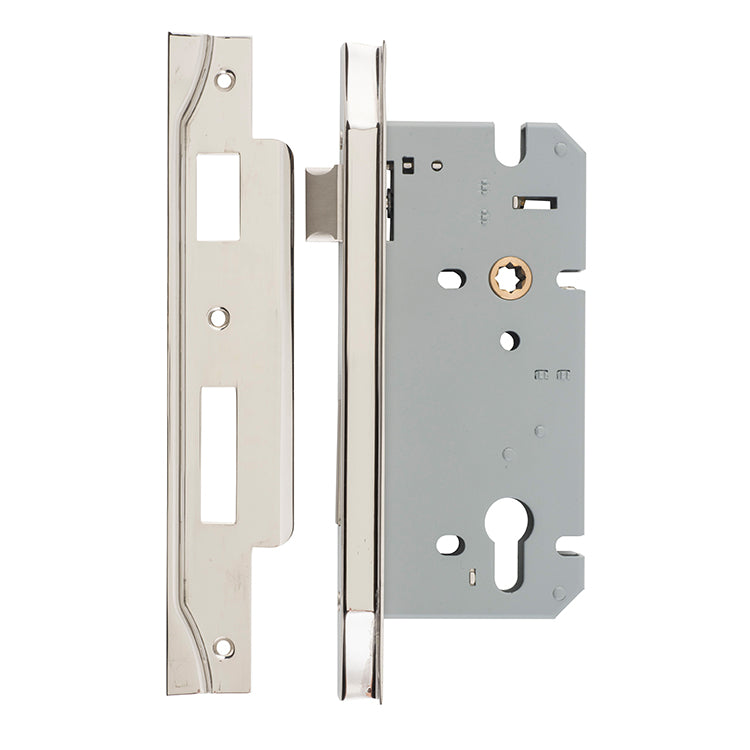 Rebated 85mm Euro Mortice Locks - 60mm Backset Polished Nickel / Steel & Sheet Brass