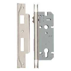 Rebated 85mm Euro Roller Mortice Locks - 45mm Backset Polished Nickel / Steel & Sheet Brass