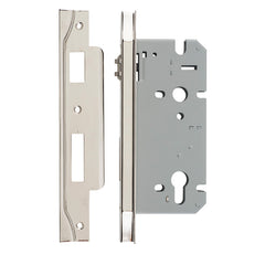 Rebated 85mm Euro Roller Mortice Locks - 60mm Backset Polished Nickel / Steel & Sheet Brass