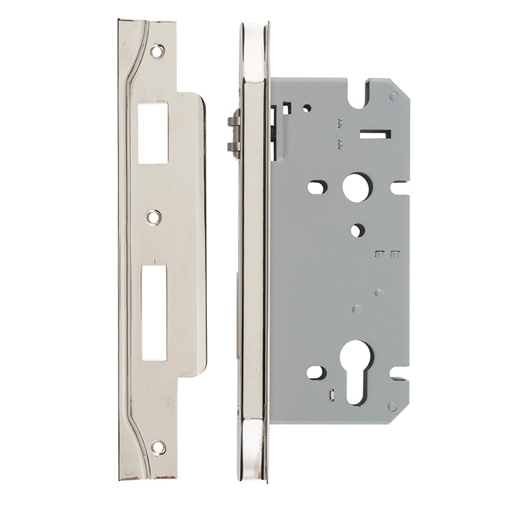 Rebated 85mm Euro Roller Mortice Locks - 60mm Backset Polished Nickel / Steel & Sheet Brass
