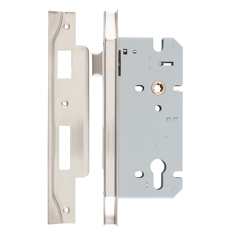 Rebated 85mm Euro Mortice Locks - 60mm Backset Satin Nickel / Steel & Sheet Brass