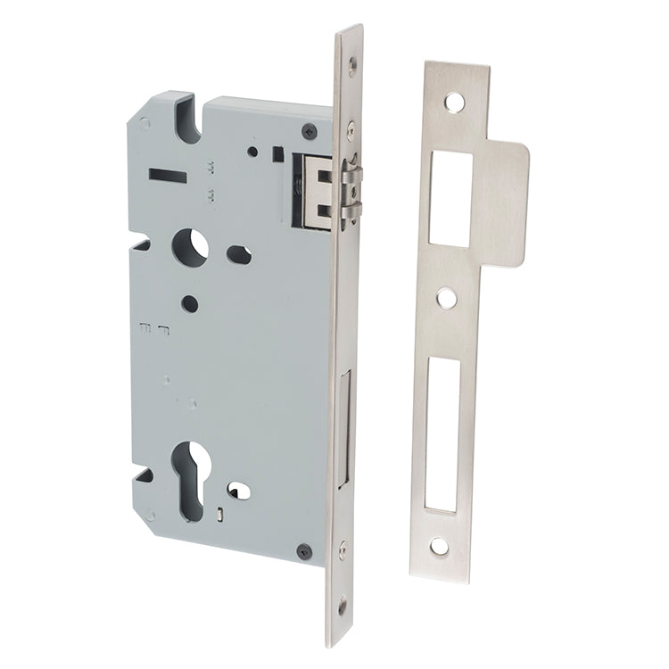 Mortice 85mm Euro Roller Lock - 60mm Backset Satin Nickel / Steel & Sheet Brass