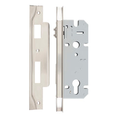 Rebated 85mm Euro Roller Mortice Locks - 45mm Backset Satin Nickel / Steel & Sheet Brass