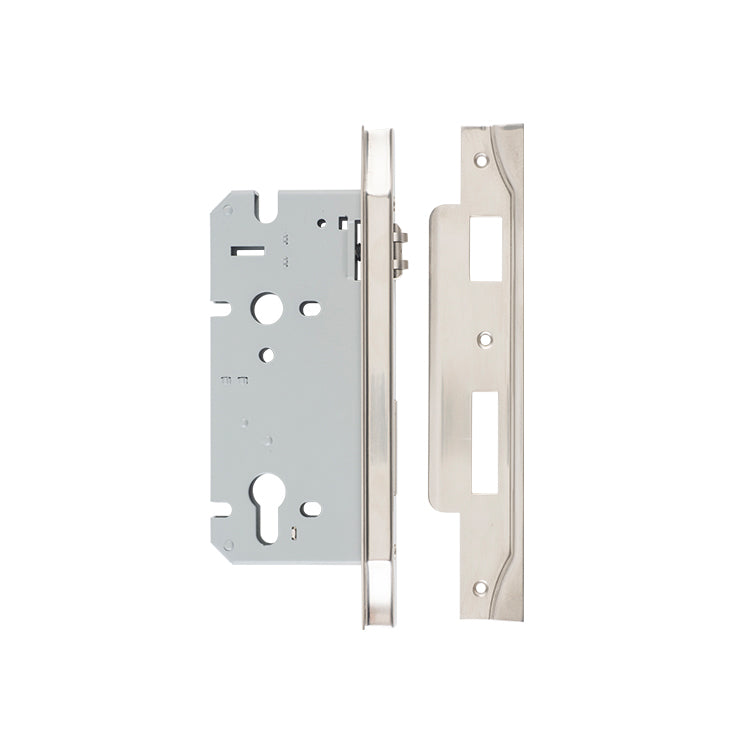 Rebated 85mm Euro Roller Mortice Locks - 60mm Backset Satin Nickel / Steel & Sheet Brass