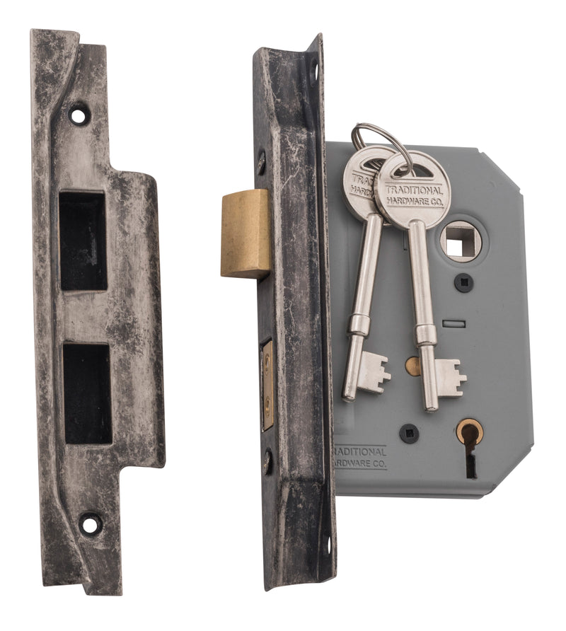 Rebated 5 Lever Mortice Lock Rumbled Nickel / Backset 57mm