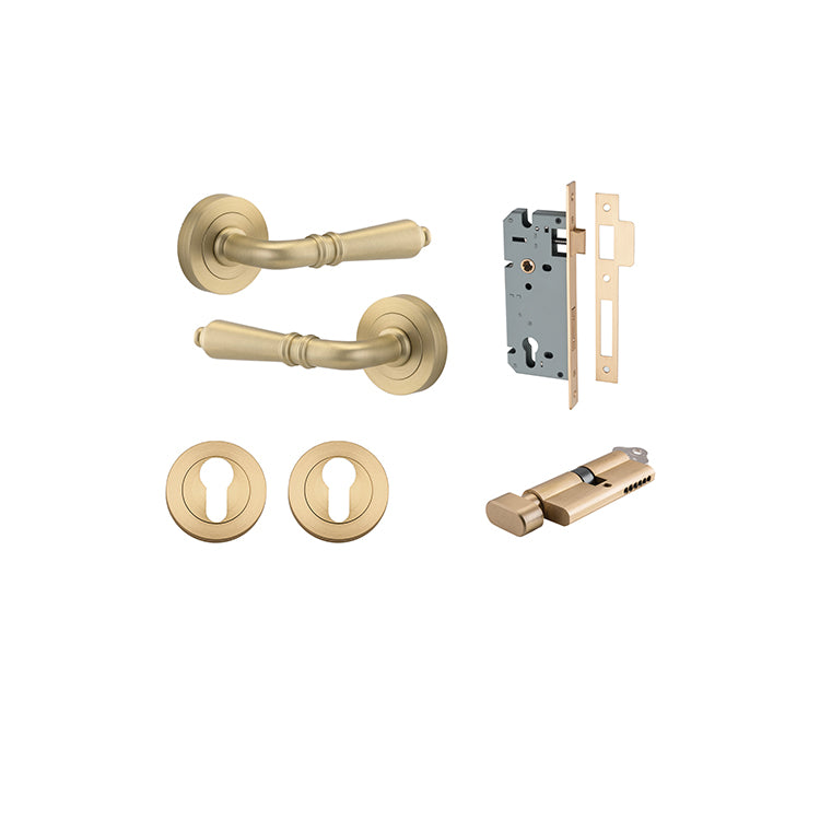 Sarlat Lever - Round Rose Entrance Kit with Separate High Security Lock Satin Brass / Solid Brass