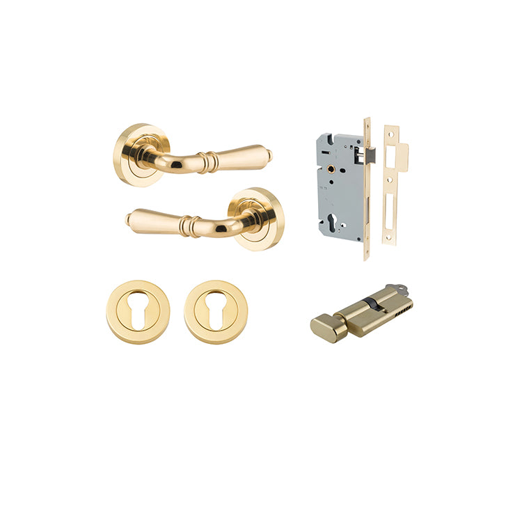 Sarlat Lever - Round Rose Entrance Kit with Separate High Security Lock Polished Brass / Solid Brass