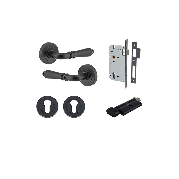 Sarlat Lever - Round Rose Entrance Kit with Separate High Security Lock Matt Black / Solid Brass