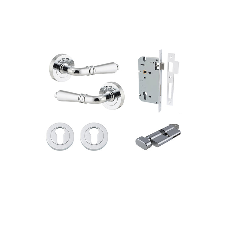 Sarlat Lever - Round Rose Entrance Kit with Separate High Security Lock Chrome Plated / Solid Brass