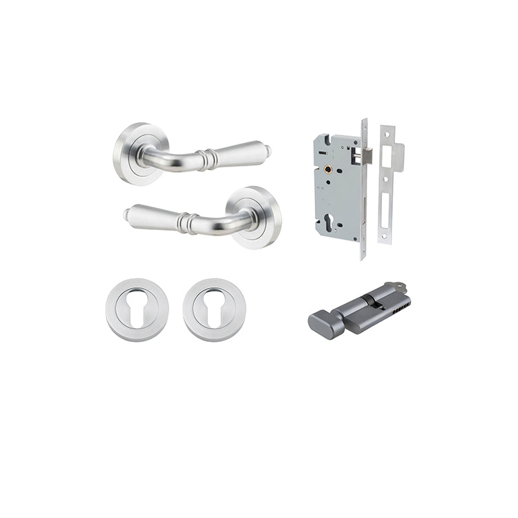 Sarlat Lever - Round Rose Entrance Kit with Separate High Security Lock Satin Chrome / Solid Brass