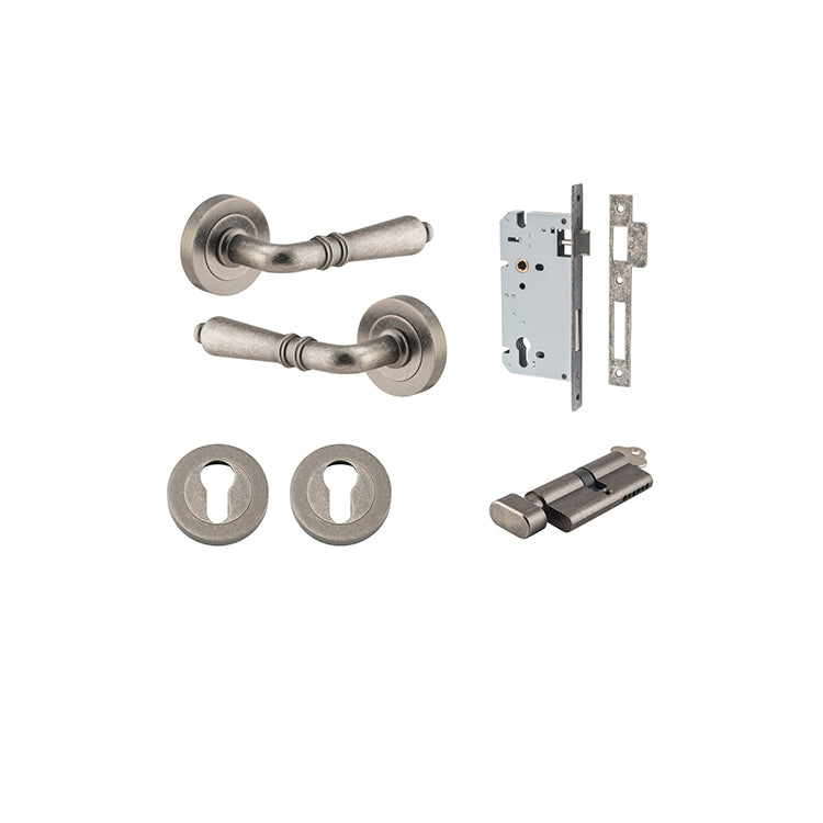 Sarlat Lever - Round Rose Entrance Kit with Separate High Security Lock Rumbled Nickel / Solid Brass