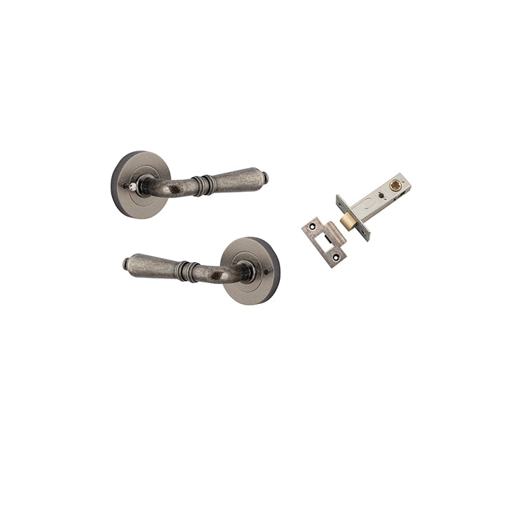 Sarlat Lever - Round Rose (Inbuilt Privacy) Rumbled Nickel / Solid Brass