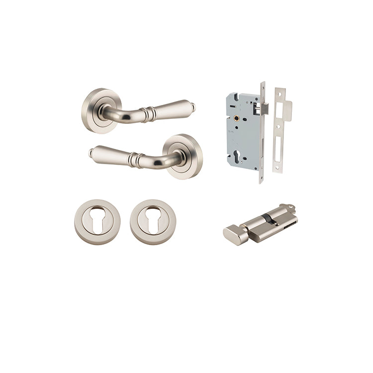 Sarlat Lever - Round Rose Entrance Kit with Separate High Security Lock Satin Nickel / Solid Brass