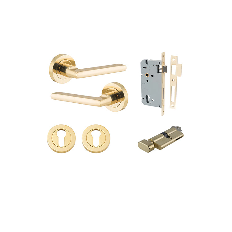 Baltimore Lever - Round Rose Entrance Kit with Separate High Security Lock Polished Brass / Solid Brass