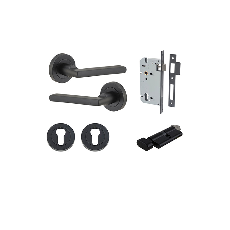 Baltimore Lever - Round Rose Entrance Kit with Separate High Security Lock Matt Black / Solid Brass