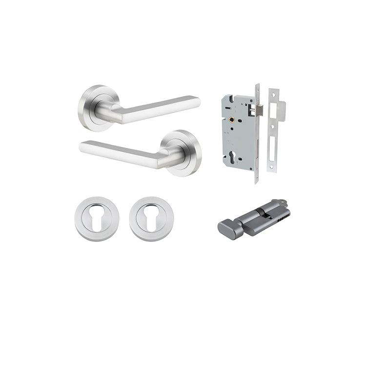 Baltimore Lever - Round Rose Entrance Kit with Separate High Security Lock Satin Chrome / Solid Brass